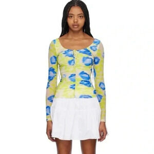 New Ganni Floral Mesh Scoop Neck Long Sleeve Top Shirt Green Blue